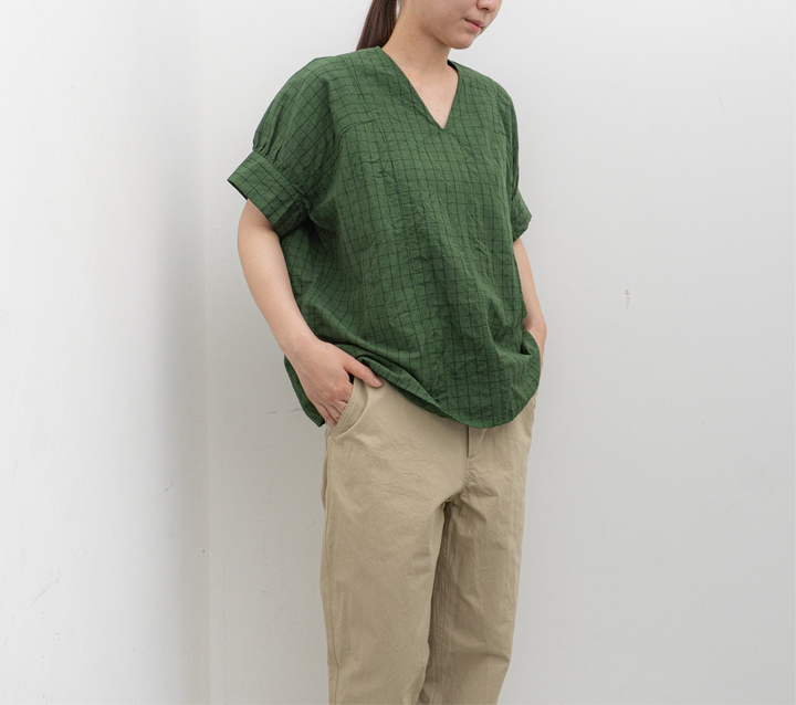 homspun/WOMEN　チェック＆ストライプ パフスリーブ ブラウス　251-5738　1.green×checked