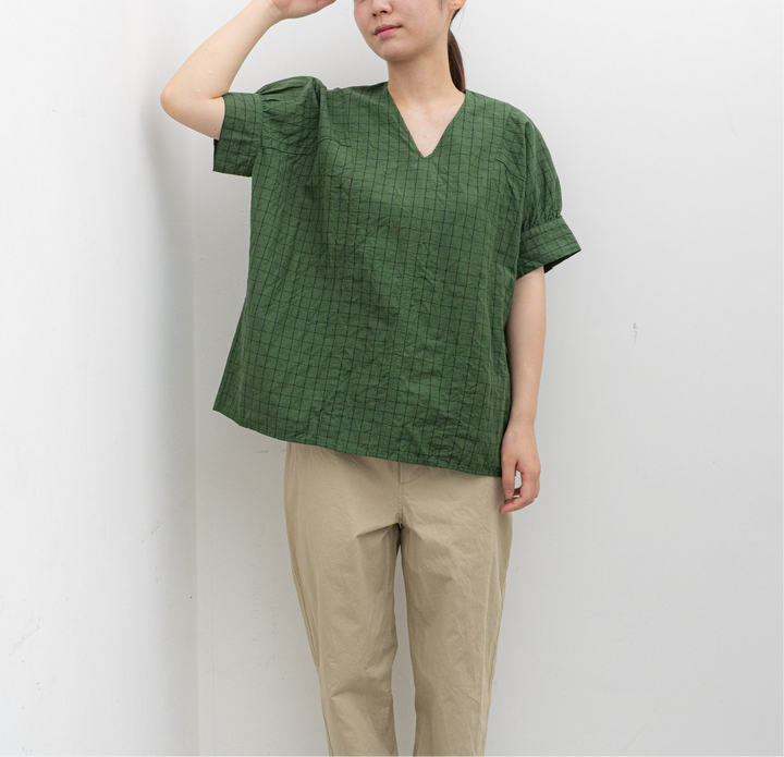 homspun/WOMEN　チェック＆ストライプ パフスリーブ ブラウス　251-5738　1.green×checked