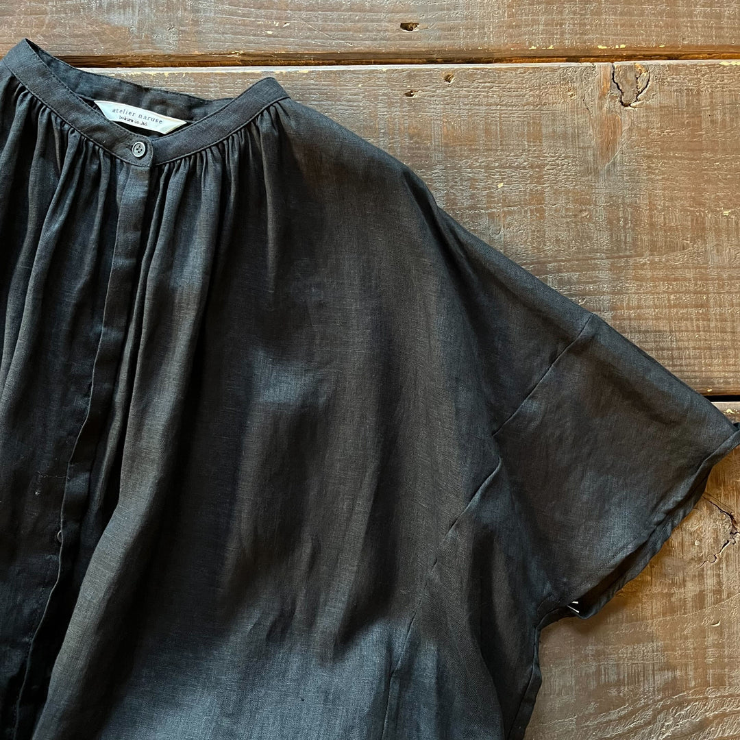 atelier naruse /WOMEN　2025｜linen wide gather one-piece / black na-t03100_C