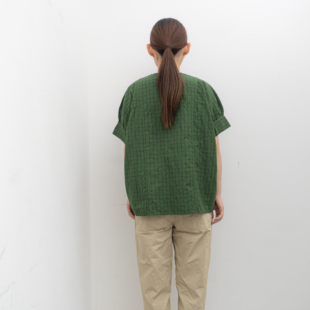 homspun/WOMEN　チェック＆ストライプ パフスリーブ ブラウス　251-5738　1.green×checked