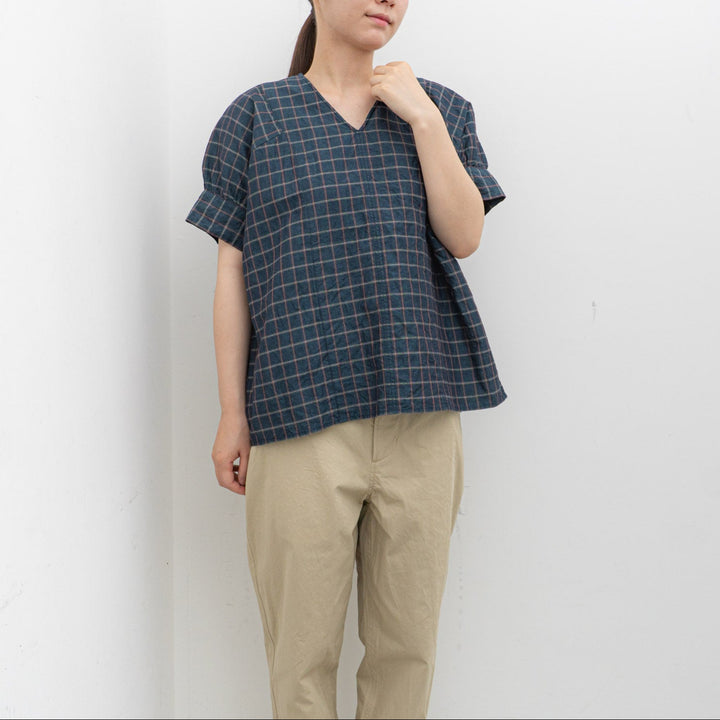 homspun/WOMEN　チェック＆ストライプ パフスリーブ ブラウス　251-5738　3.navy×checked