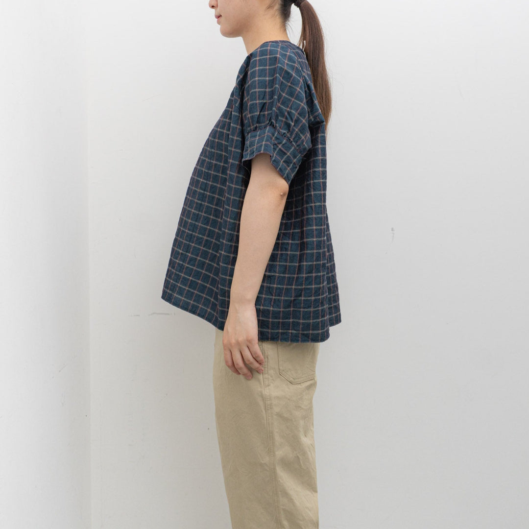 homspun/WOMEN　チェック＆ストライプ パフスリーブ ブラウス　251-5738　3.navy×checked
