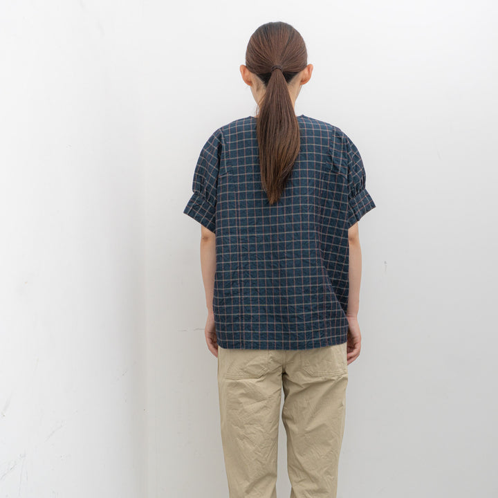 homspun/WOMEN　チェック＆ストライプ パフスリーブ ブラウス　251-5738　3.navy×checked
