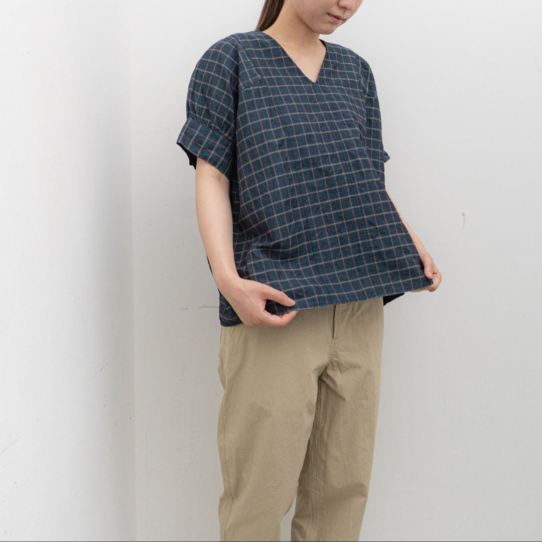 homspun/WOMEN　チェック＆ストライプ パフスリーブ ブラウス　251-5738　3.navy×checked