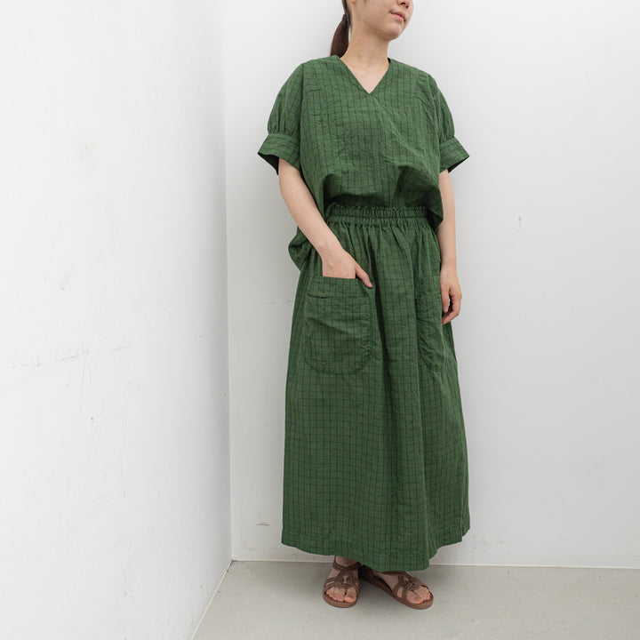 homspun/WOMEN　チェック＆ストライプ パフスリーブ ブラウス　251-5738　1.green×checked