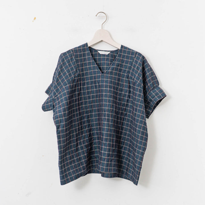 homspun/WOMEN　チェック＆ストライプ パフスリーブ ブラウス　251-5738　3.navy×checked