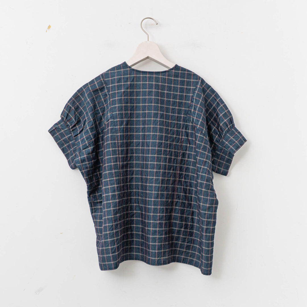 homspun/WOMEN　チェック＆ストライプ パフスリーブ ブラウス　251-5738　3.navy×checked