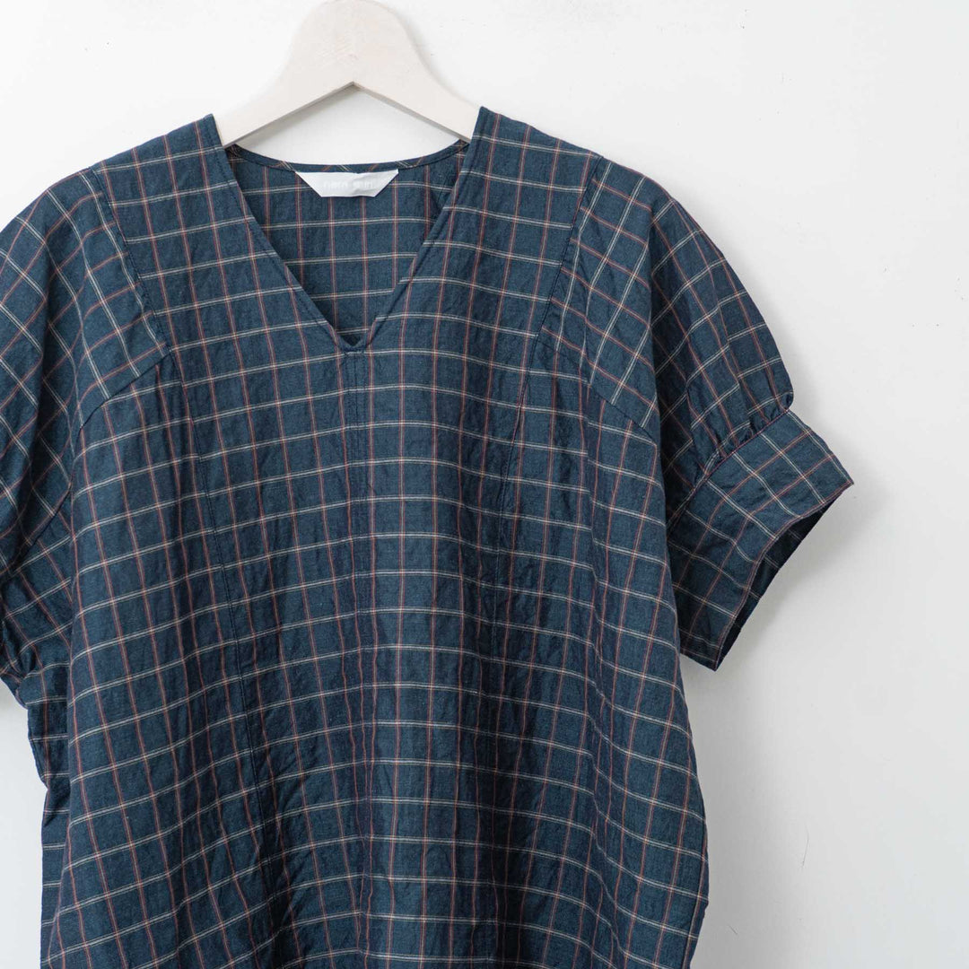 homspun/WOMEN　チェック＆ストライプ パフスリーブ ブラウス　251-5738　3.navy×checked