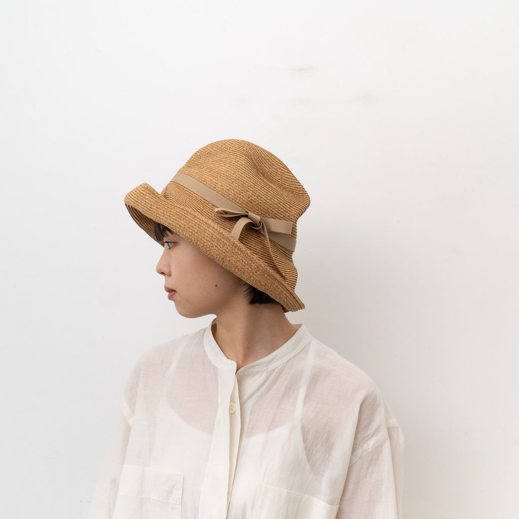 mature ha. /　BOXED HAT 11cm brim grosgrain ribbon MBOX-101 col.mix  brown×beige-Y